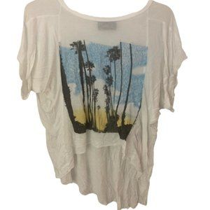 Sauce White High Low Soft Graphic Tee With Palm Tree Design